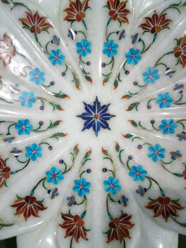 White Marble Flower Bowl, Inlaid Semi Precious Stones, Serving Bowl, Serveware, Marble serveware, Home Decor, Wedding Gift, Handmade Art - Image 2