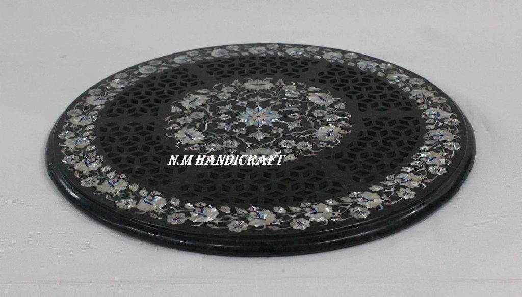 32" Round Finest Art On Black Marble Ancient Inlaid Floral Inlay Handmade Art Coffee Table Top Mosaic Marquetry Art, coffee/end/side/dinning - Image 2