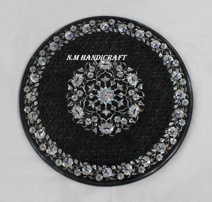 32" Round Finest Art On Black Marble Ancient Inlaid Floral Inlay Handmade Art Coffee Table Top Mosaic Marquetry Art, coffee/end/side/dinning