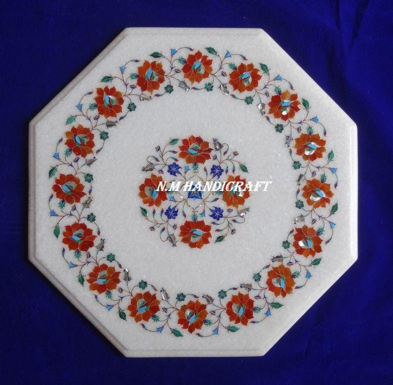 15" Decorative Marble Table Top, Inlaid Carnelian Stone, Floral Handmade Art, Mosaic Pietra Dura Art, coffee/end/side/dinning table top