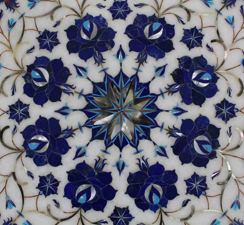 18" Marble Table Top, Lapis Lazuli Inlaid, Floral Handmade Art, Coffee Table Top, Mosaic Marquetry Art, coffee/end/side/dinning table top - Image 2