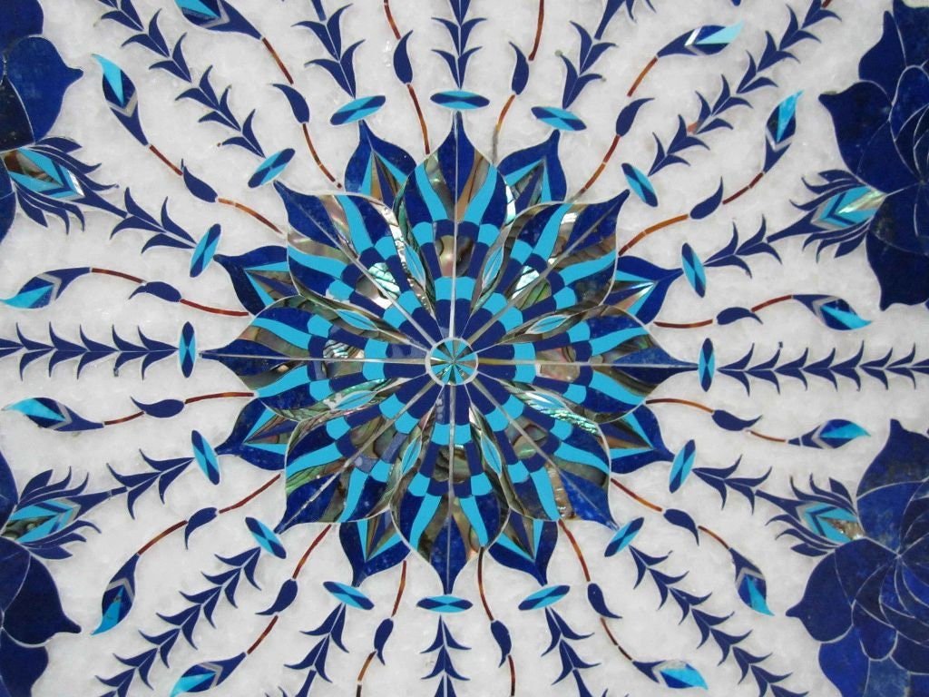 36" Marble Table Top, Lapis Lazuli Inlaid, Floral Handmade Art, Coffee Table Top, Mosaic Marquetry Art, coffee/end/side/dinning table top - Image 2