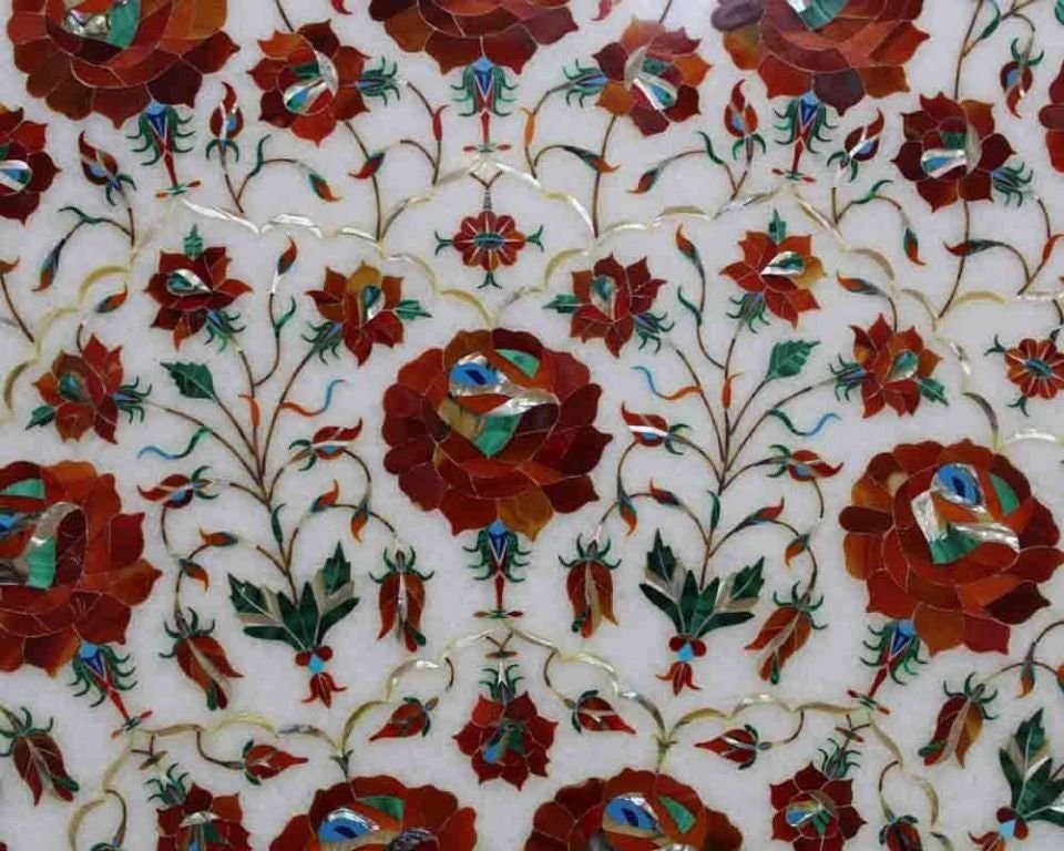 48" Marble Table Top, Inlaid Carnelian Stone, Floral Handmade Art, Coffee Table Top, Mosaic Marquetry Art, coffee/end/side/dinning table top - Image 3