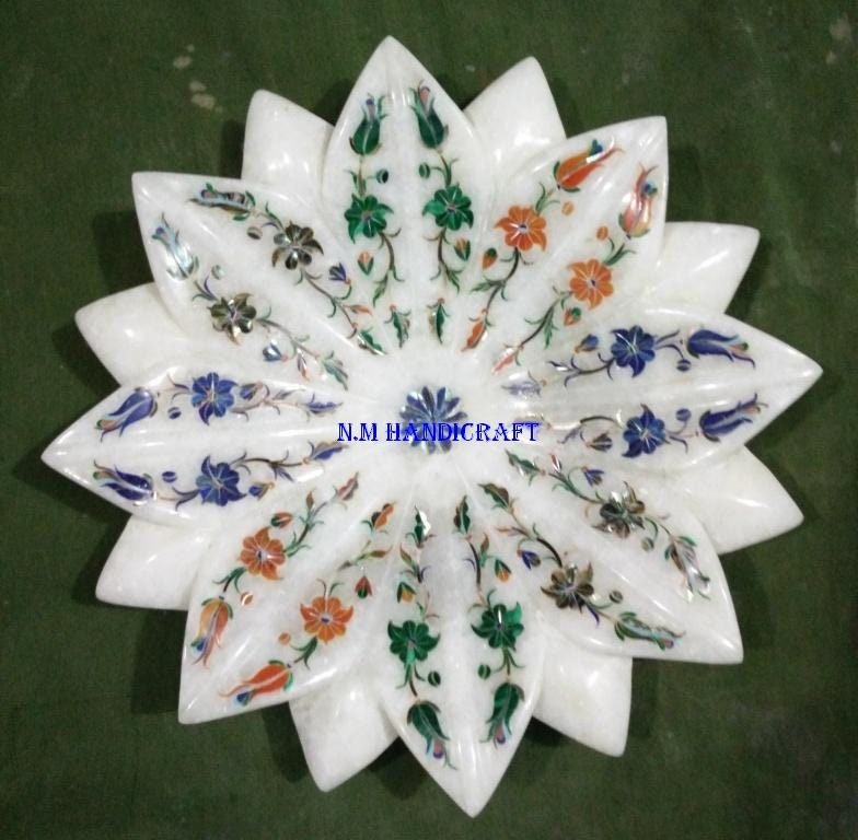 White Marble Flower Bowl, Inlaid Semi Precious Stones, Serving Bowl, Serveware, Marble serveware, Home Decor, Wedding Gift, Handmade Art