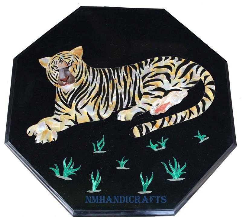 32" Tiger Art Marble Table Top, Decorative Handmade Floral Art, Mosaic Art, coffee/end/side/dinning table top, A Royal Gift For Tiger Lovers