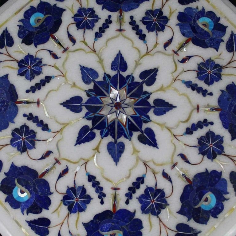 12″ White Marble Table Top, Inlaid With Lapis Lazuli, Pietra Dura Gem Stones,Vintage Mosaic Marquetry Art, coffee/end/side/dinning table top - Image 2