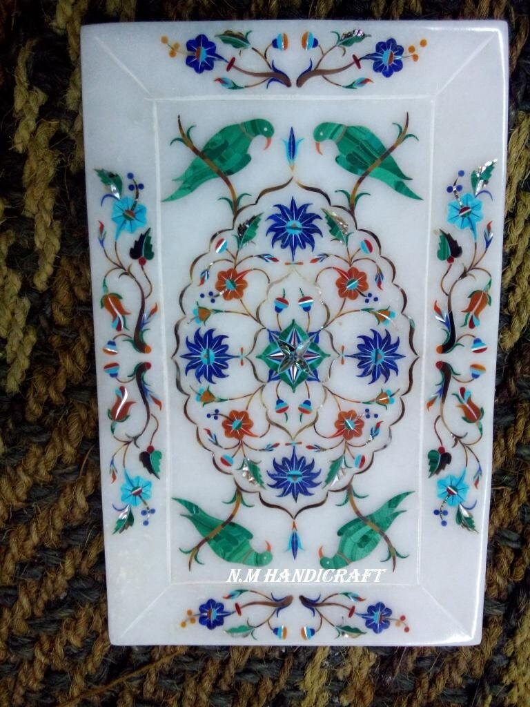 Floral White Marble Inlay Tray, Semi Precious Stone Inlaid, Floral Marquetry, Pietra Dura Art, Serving Tray, Gift, Kitchen Decor, Home Decor - Image 2
