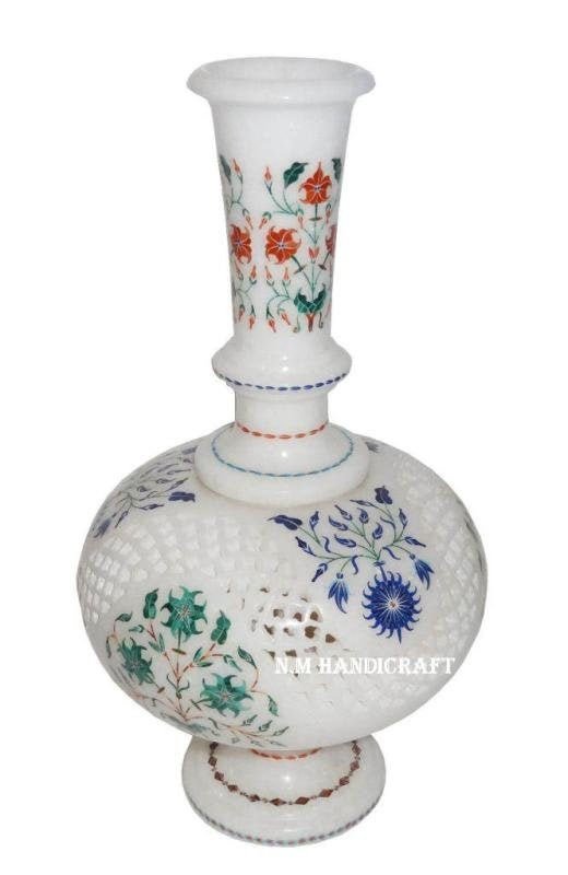 Marble Inlay Flower Vase, Semi Precious Stones Inlaid, Table Vases, Home & Office Decor, Pietra Dura Art, Memorable Inlay Art Piece