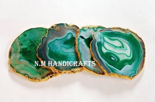 New Green Agate Coasters Set of 4 Gold or Silver Electroplated, Handmade Coaster, Table Coaster, Home Decor - Image 3