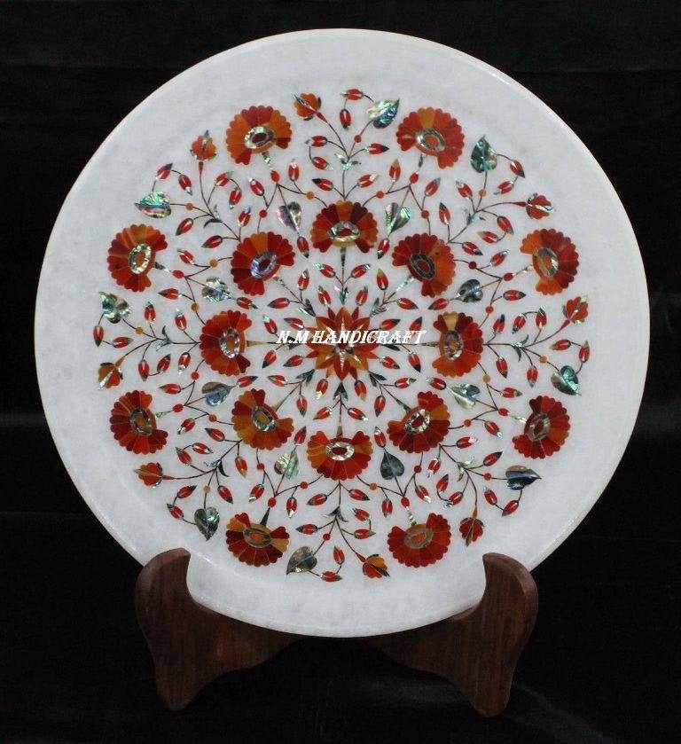 12" Marble Marquetry Gems Inlay Plate, Flowers, Pietra Dura Art, Serving Plate, Marble Serveware, Plate, Gift, Kitchen Decor, Home Decor
