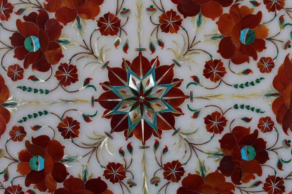 12" Marble Marquetry Gems Inlay Plate, Flowers, Pietra Dura Art, Serving Plate, Marble Serveware, Gift, Kitchen Decor, Home Decor - Image 2