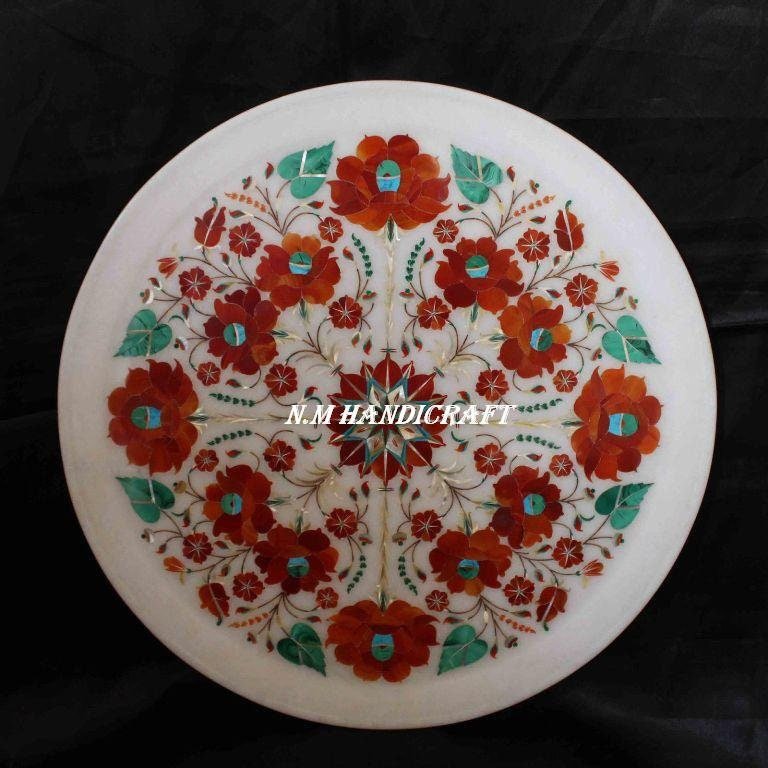 12" Marble Marquetry Gems Inlay Plate, Flowers, Pietra Dura Art, Serving Plate, Marble Serveware, Gift, Kitchen Decor, Home Decor