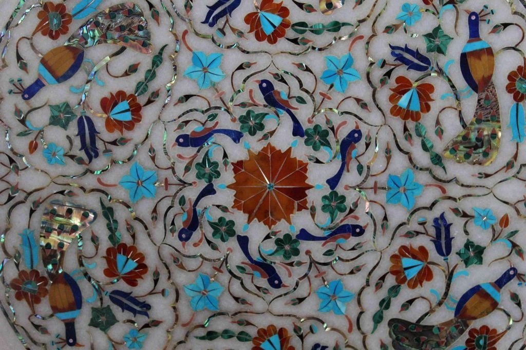 12" Marble Marquetry Gems Inlay Plate, Flowers, Pietra Dura Art, Serving Plate, Marble Serveware, Gift, Kitchen Decor, Home Decor - Image 2