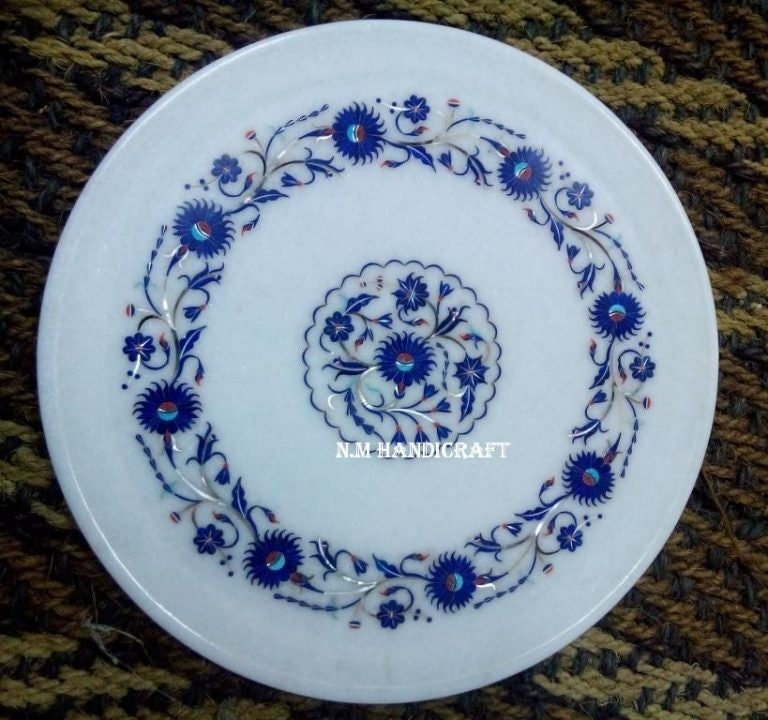 12" White Marble Plate, Lapis Lazuli Inlaid, Flowers, Pietra Dura Art, Serving Plate, Marble Serveware, Gift, Kitchen Decor, Home Decor