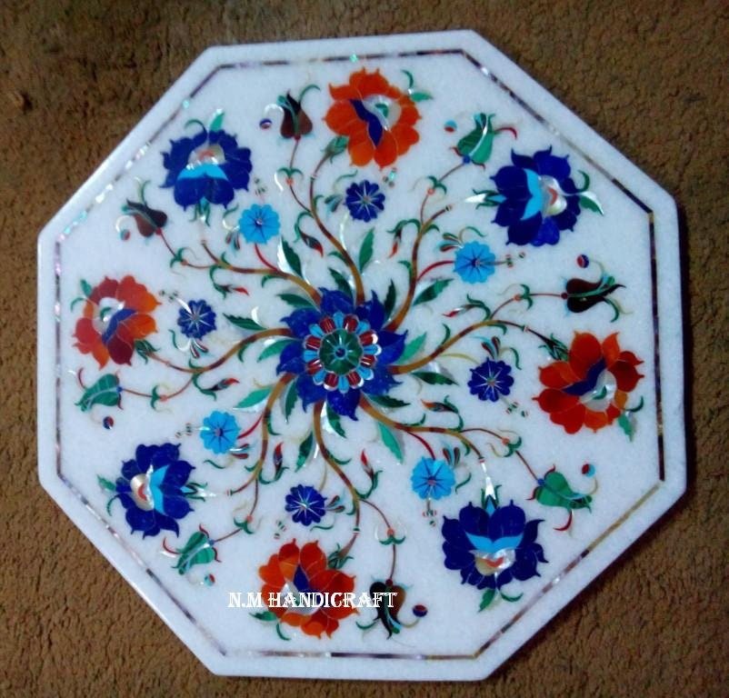 Floral White Marble Inlay Tile, Semi Precious Stones Inlaid, Wall Decor, Pietra Dura Art, Marble Serveware, Gift, Kitchen Decor, Home Decor