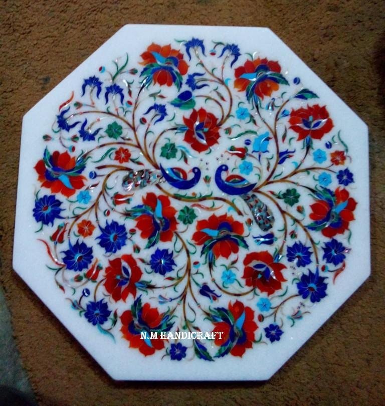 Decorative Marble Inlay Tile, Gem Stones Inlaid, Wall Decor, Flowers, Pietra Dura Art, Marble Serveware, Gift, Kitchen Decor, Home Decor