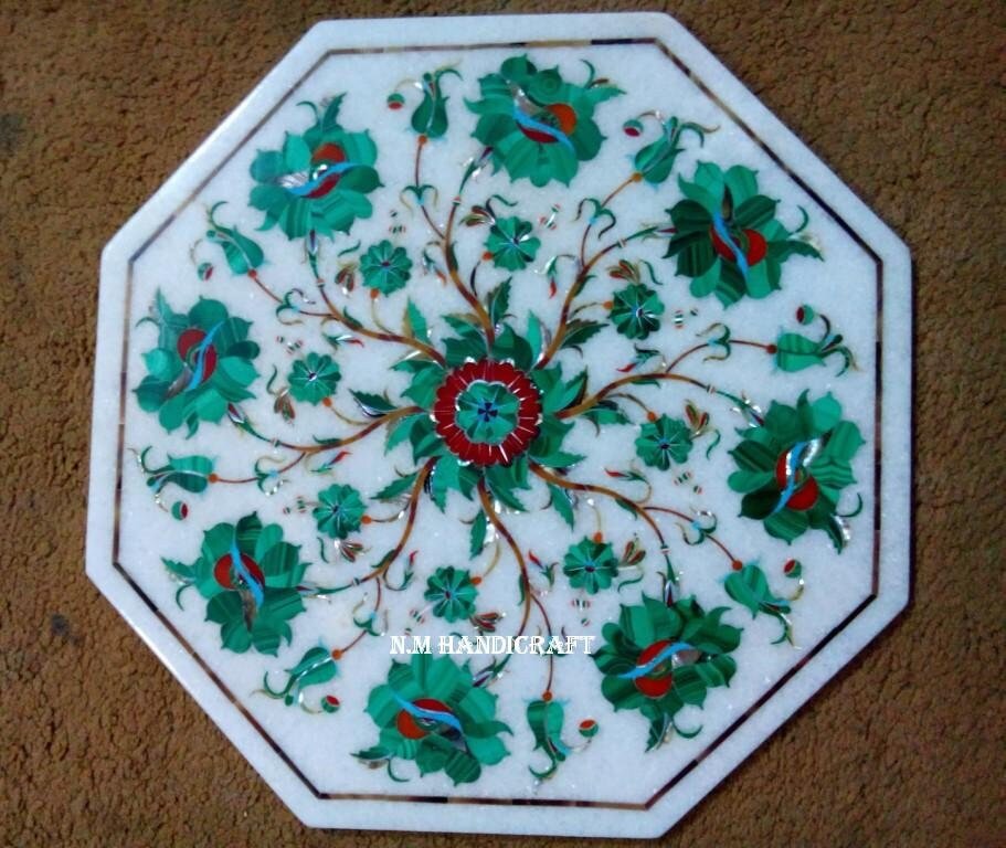 Floral White Marble Inlay Tile, Malachite Stone Inlaid, Wall Decor, Pietra Dura Art, Marble Serveware, Gift, Kitchen Decor, Home Decor