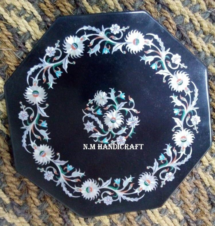 Floral Black Marble Inlay Tile, MOP Shell Inlaid, Wall Decor, Pietra Dura Art, Marble Serveware, Gift, Kitchen Decor, Home Decor