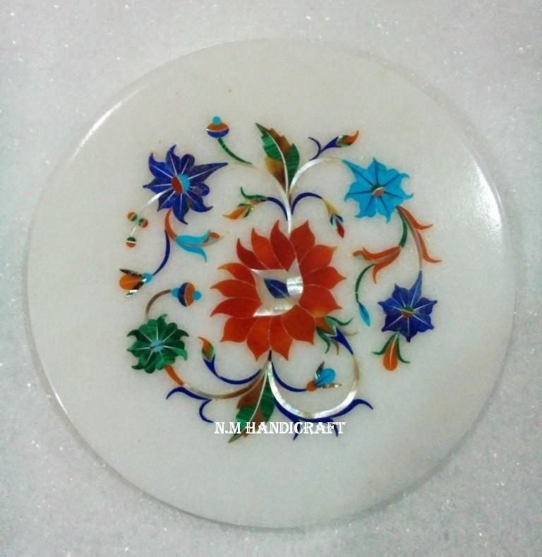 Marble Marquetry Gems Inlay Tile, Tea Coaster, Coaster, Flowers, Pietra Dura Art, Gift, Kitchen Decor, Home Decor