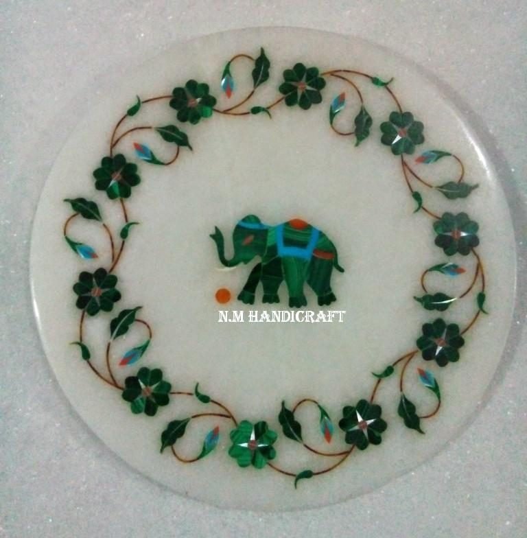 Malachite Stone Marble Marquetry Gems Inlay Tile, Tea Coaster, Coaster, Elephant, Flowers, Pietra Dura Art, Gift, Kitchen Decor, Home Decor