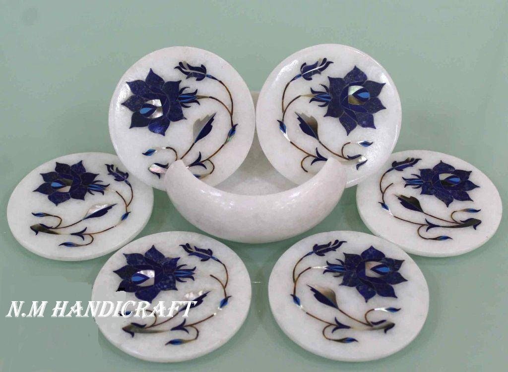 Floral White Marble Inlay Coaster, Lapis Lazuli Inlaid, Pietra Dura, Coaster 6 Pcs Set, Handmade Art, Tea Coaster, Drinkware Coasters