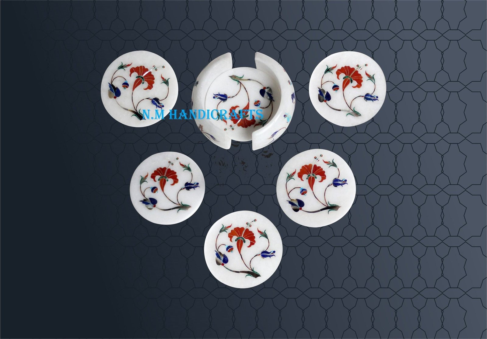Floral White Marble Inlay Coaster, Gem Stones Inlaid, Pietra Dura, Coaster 6 Pcs Set, Handmade Art, Tea Coaster, Drinkware Coasters