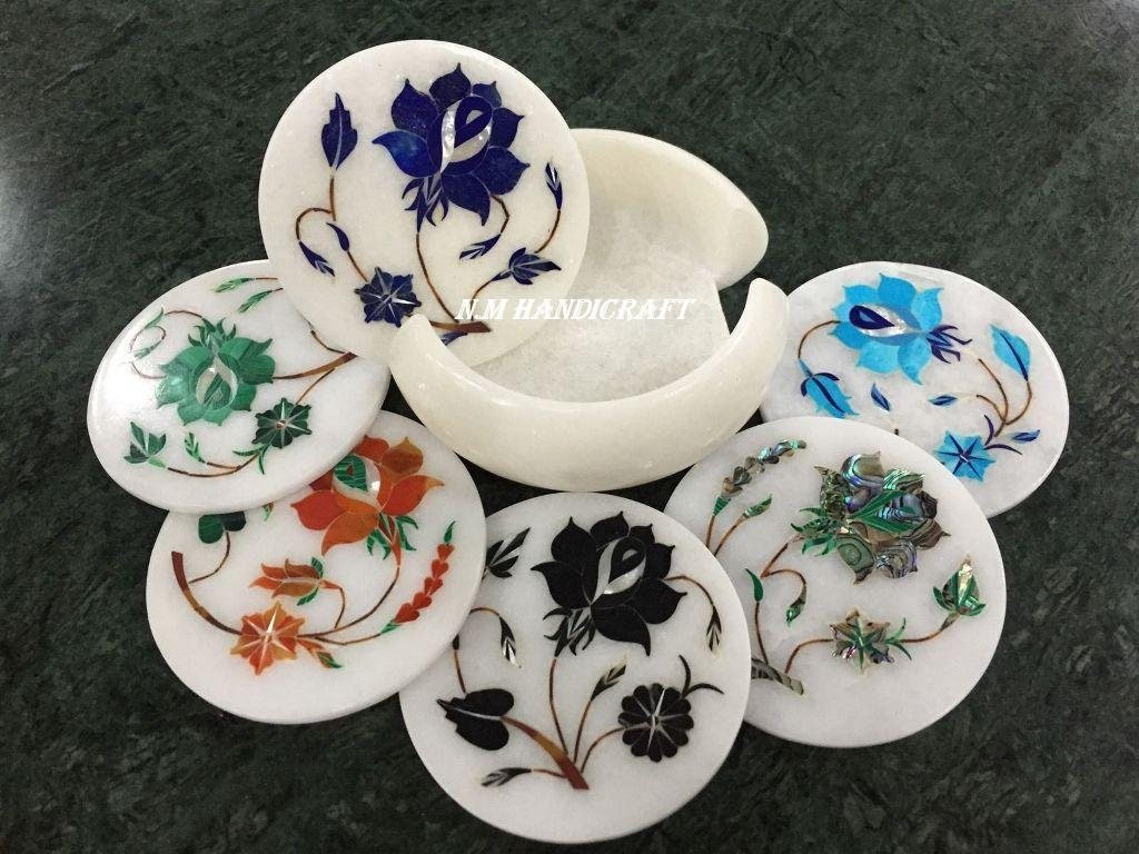 Floral White Marble Inlay Coaster, Gem Stones Inlaid, Pietra Dura, Coaster 6 Pcs Set, Handmade Art, Tea Coaster, Drinkware Coasters
