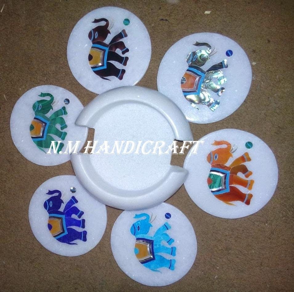 Playing Football Elephant On Marble Inlay Coaster, Gem Stones Inlaid, Pietra Dura, Coaster 6 Pcs Set, Tea Coaster, Drinkware Coasters