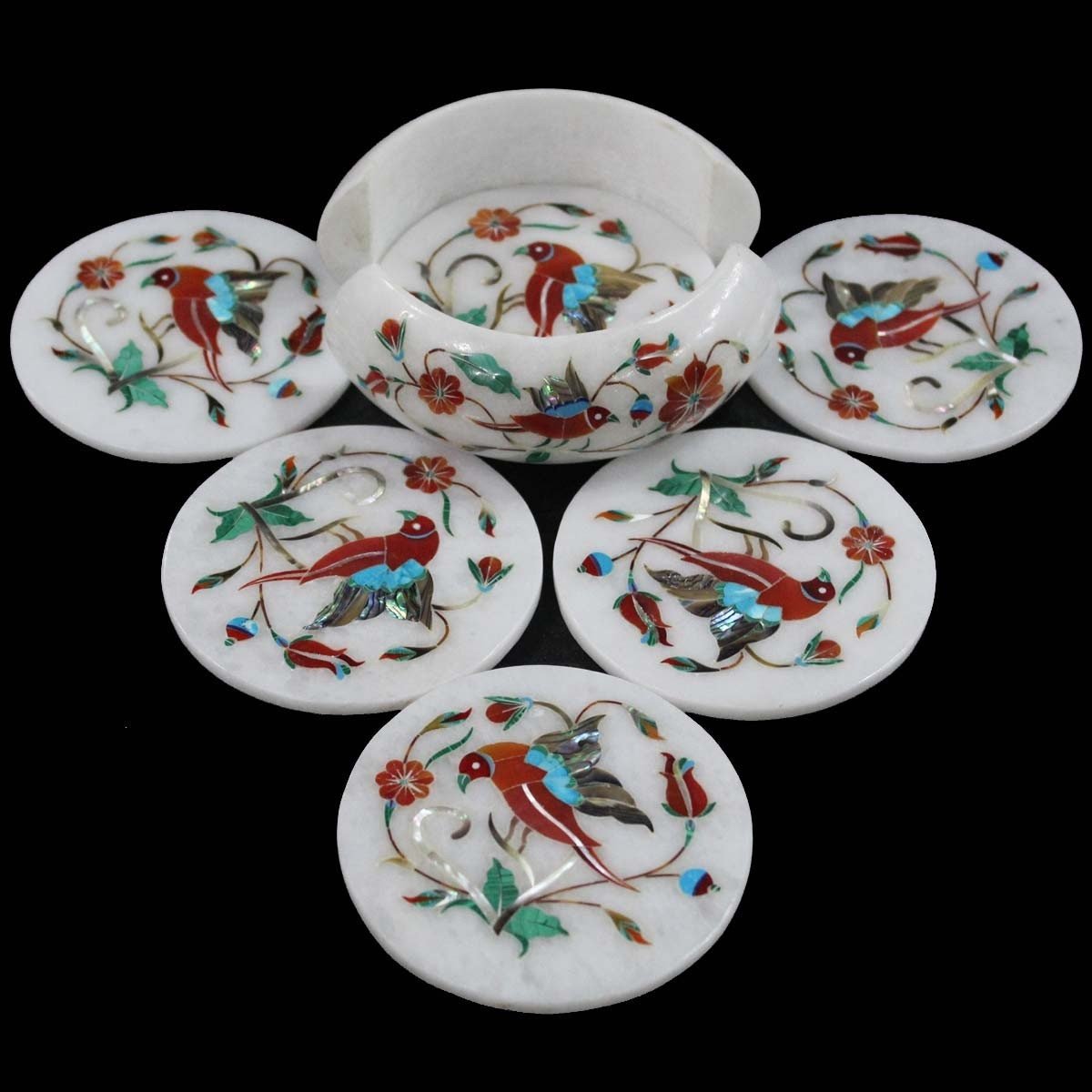 Bird Art On White Marble Inlay Coaster, Gem Stones Inlaid, Pietra Dura, Coaster 6 Pcs Set, Handmade Art, Tea Coaster, Drinkware Coasters