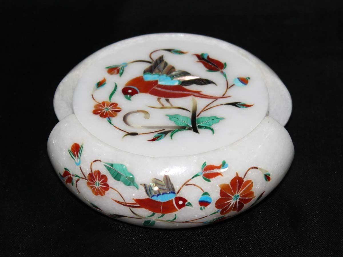 Bird Art On White Marble Inlay Coaster, Gem Stones Inlaid, Pietra Dura, Coaster 6 Pcs Set, Handmade Art, Tea Coaster, Drinkware Coasters - Image 2