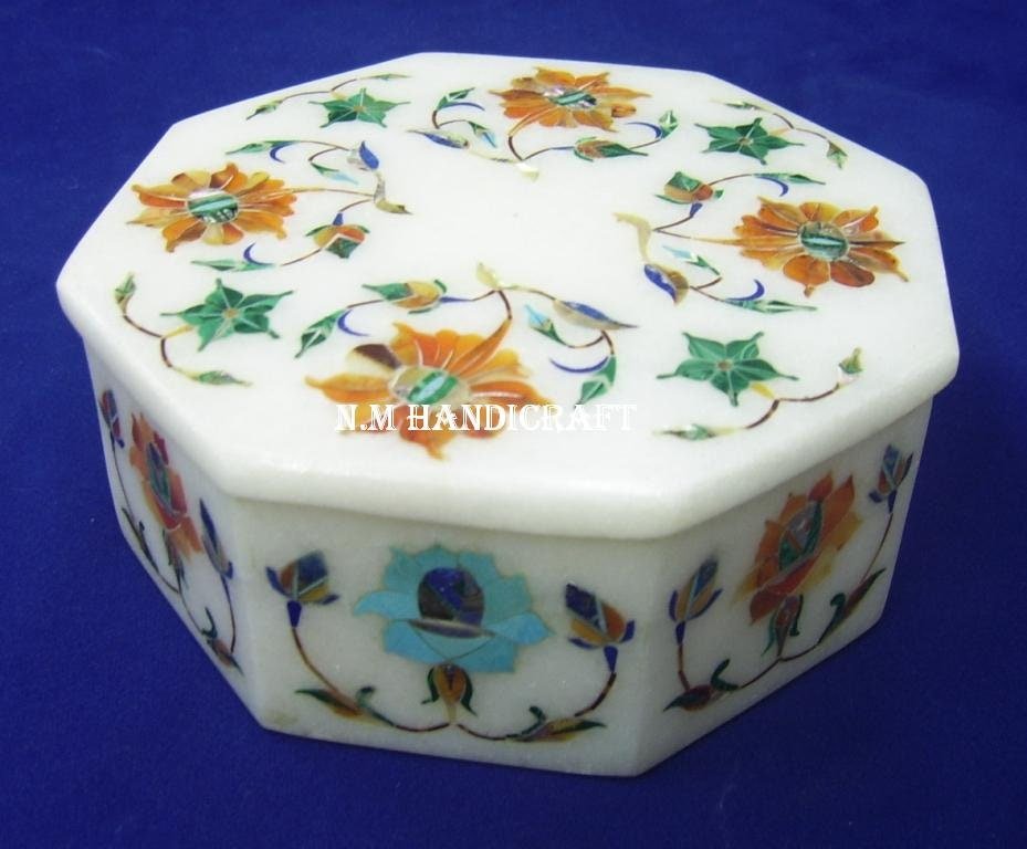 Decorative White Marble Inlay Jewelry Box, Semi Precious Stones Inlaid, Trinket Box, Unique Gift For Her, Handcrafted Box, Multi Use Box