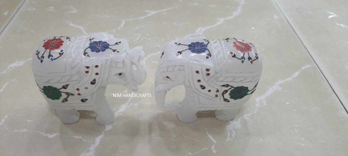 2 Pics Marble Inlay Elephant Set, Pietra Dura Art, Baby Gift, Home Decor, Table Decor - Image 2