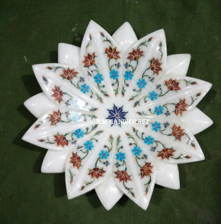 White Marble Flower Bowl, Inlaid Semi Precious Stones, Serving Bowl, Serveware, Marble serveware, Home Decor, Wedding Gift, Handmade Art