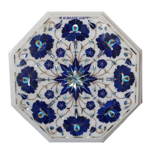 12″ White Marble Table Top Inlaid With Lapis Lazuli Pietra Dura Gem Stones Vintage Mosaic Marquetry Art, coffee/end/side/dinning table top