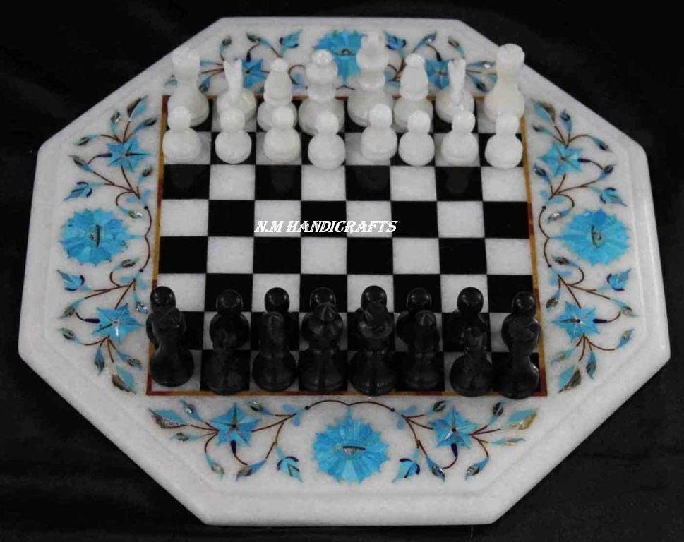 White Marble Chess Set, Turquoise Stone Inlay Work, Pietra Dura, Game Board, Vintage Mosaic Marquetry Art, coffee/end/side/dinning table