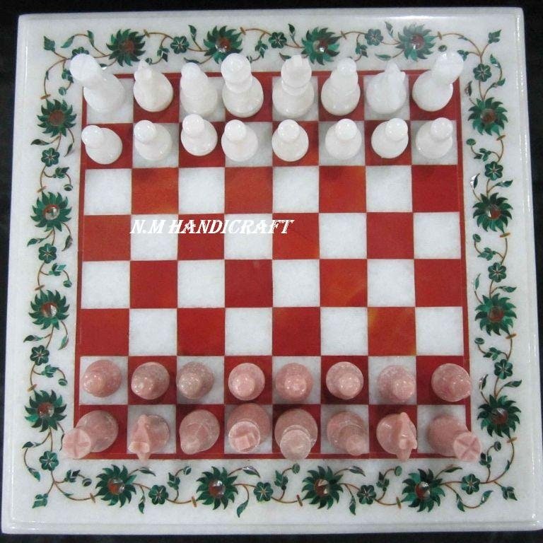 White Marble Chess Table, Gem Stones Inlay, Game Board, Chess Set, Vintage Chess, Mosaic Marquetry Art, Stone Chess Board, Red Chess Squares - Image 2