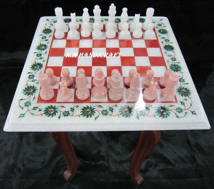 White Marble Chess Table, Gem Stones Inlay, Game Board, Chess Set, Vintage Chess, Mosaic Marquetry Art, Stone Chess Board, Red Chess Squares