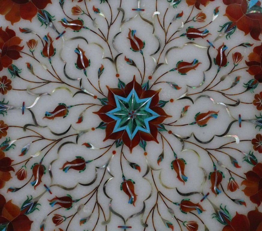 15" Mid Centuary Marble Table Top, Inlaid Carnelian Stone, Floral Handmade Art, Mosaic Pietra Dura Art, coffee/end/side/dinning table top - Image 2