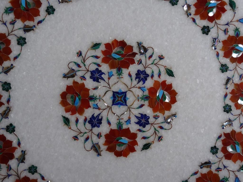 15" Decorative Marble Table Top, Inlaid Carnelian Stone, Floral Handmade Art, Mosaic Pietra Dura Art, coffee/end/side/dinning table top - Image 2
