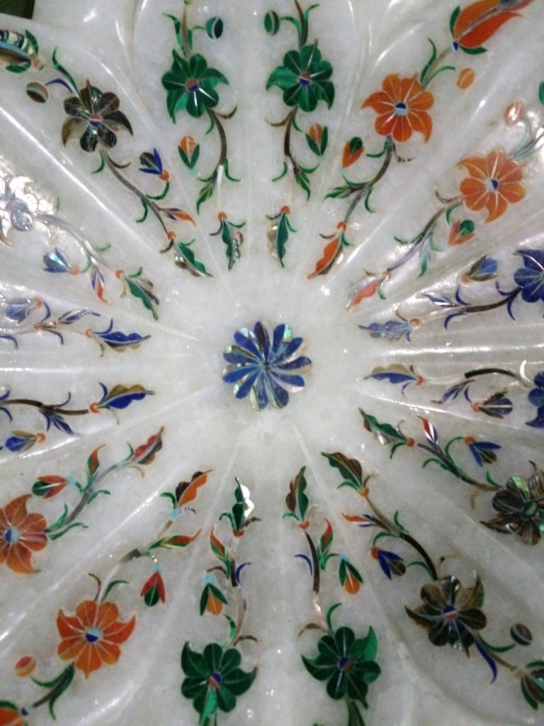 White Marble Flower Bowl, Inlaid Semi Precious Stones, Serving Bowl, Serveware, Marble serveware, Home Decor, Wedding Gift, Handmade Art - Image 2