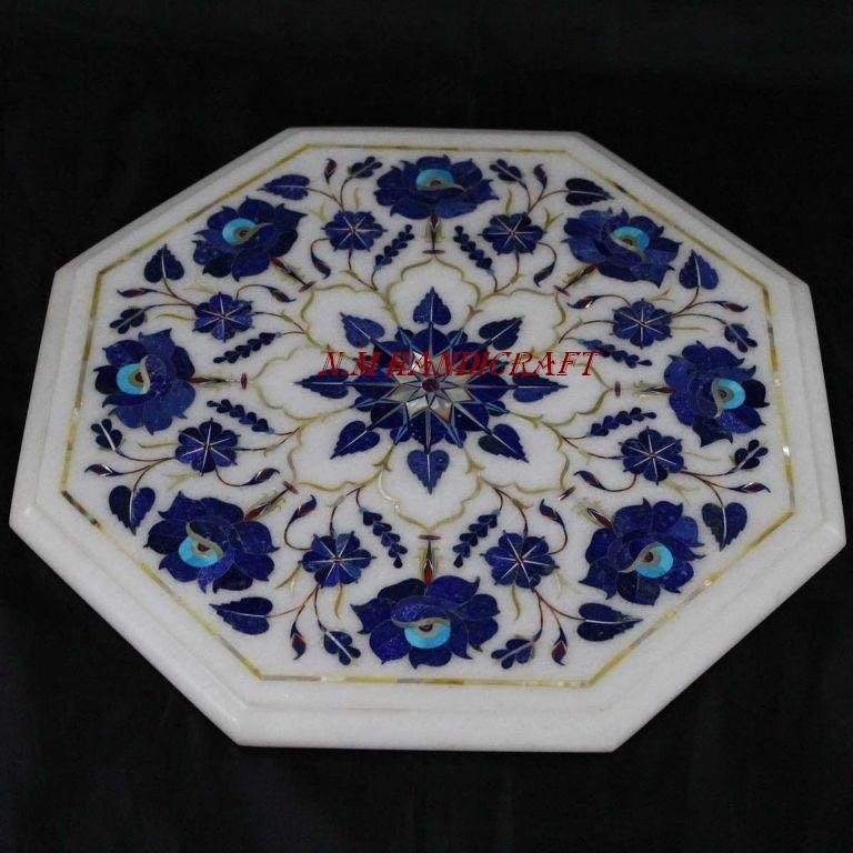 12″ White Marble Table Top, Inlaid With Lapis Lazuli, Pietra Dura Gem Stones,Vintage Mosaic Marquetry Art, coffee/end/side/dinning table top