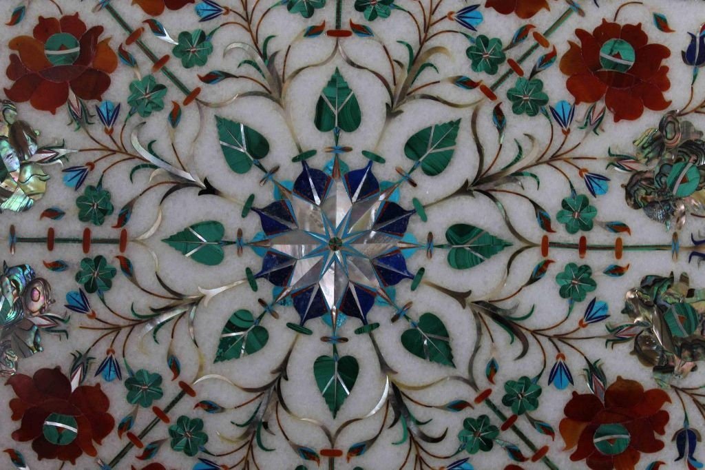 15" Handmade Marble Table Top, Inlaid Semi Precious Stone, Floral Handmade Art, Mosaic Pietra Dura Art, coffee/end/side/dinning table top - Image 2