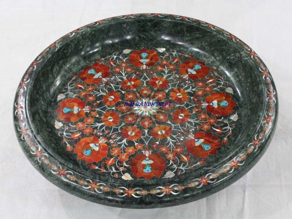 15 " Decorative Marble Fruit Bowl, Fully Carnelian Stones Inlaid, Handmade Art, Marble Serveware, Home Decorative, Pietra Dura Art