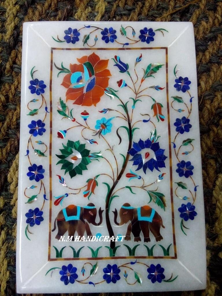 Floral White Marble Inlay Tray, Semi Precious Stone Inlaid, Floral Marquetry, Pietra Dura Art, Serving Tray, Gift, Kitchen Decor, Home Decor
