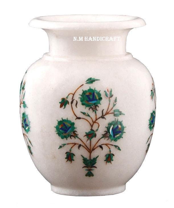 White Marble Inlay Flower Vase, Finest Art Of Pietra Dura, Candle Holder, Home Decor, Memorable Inlay Art Piece For Your Loving Ones