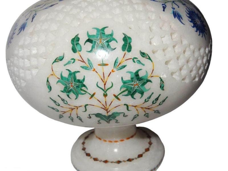 Marble Inlay Flower Vase, Semi Precious Stones Inlaid, Table Vases, Home & Office Decor, Pietra Dura Art, Memorable Inlay Art Piece - Image 3