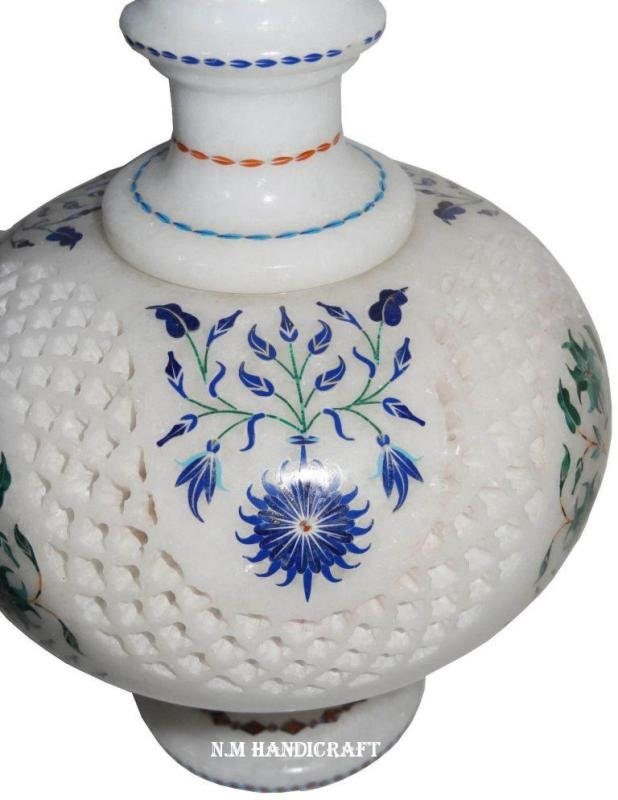 Marble Inlay Flower Vase, Semi Precious Stones Inlaid, Table Vases, Home & Office Decor, Pietra Dura Art, Memorable Inlay Art Piece - Image 2