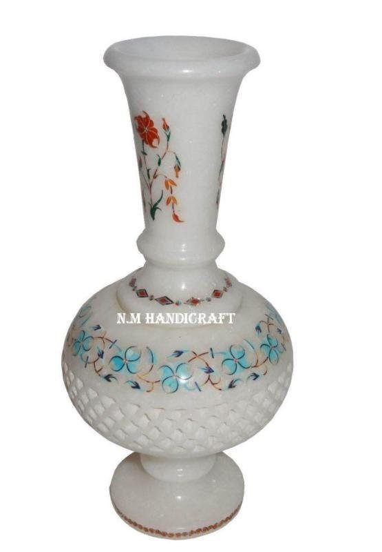 Marble Inlay Flower Vase, Semi Precious Stones Inlaid, Table Vases, Home & Office Decor, Memorable Inlay Art Piece