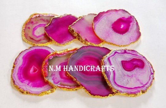 Pink Agate Coasters Set of 4 Gold or Silver Electroplated, Handmade Coaster, Table Coaster, Home Decor - Image 2