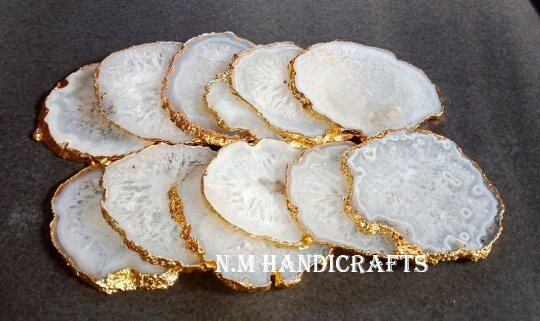 White Agate Coasters Set of 4 Gold or Silver Electroplated, Handmade Coaster, Table Coaster, Home Decor - Image 2